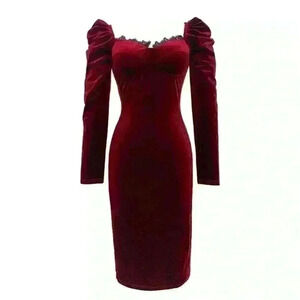 Gabriella Velvet Burgundy Midi Dress with Puff Sleeves